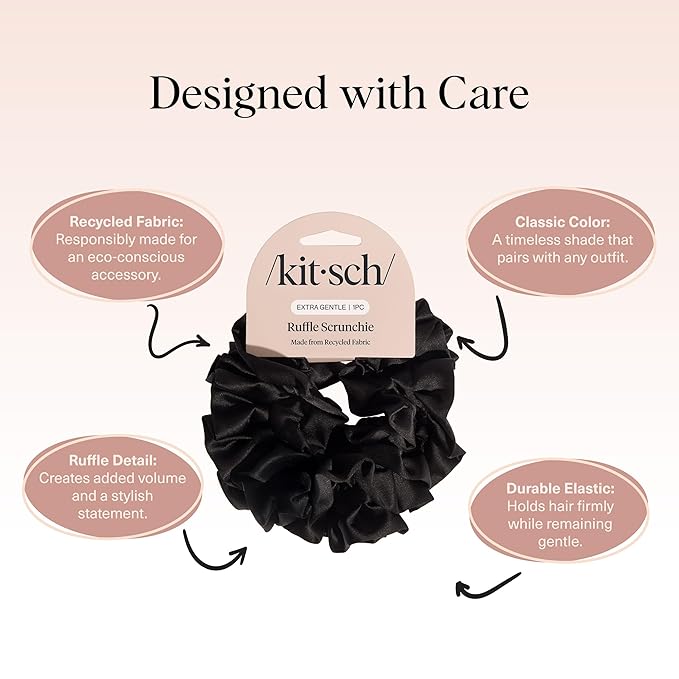 Kitsch Recycled Satin Ruffle Scrunchie – Gentle Hair Scrunchie for Women, Eco-Friendly Hair Tie No Damage, Stylish Ponytail Holder - Black
