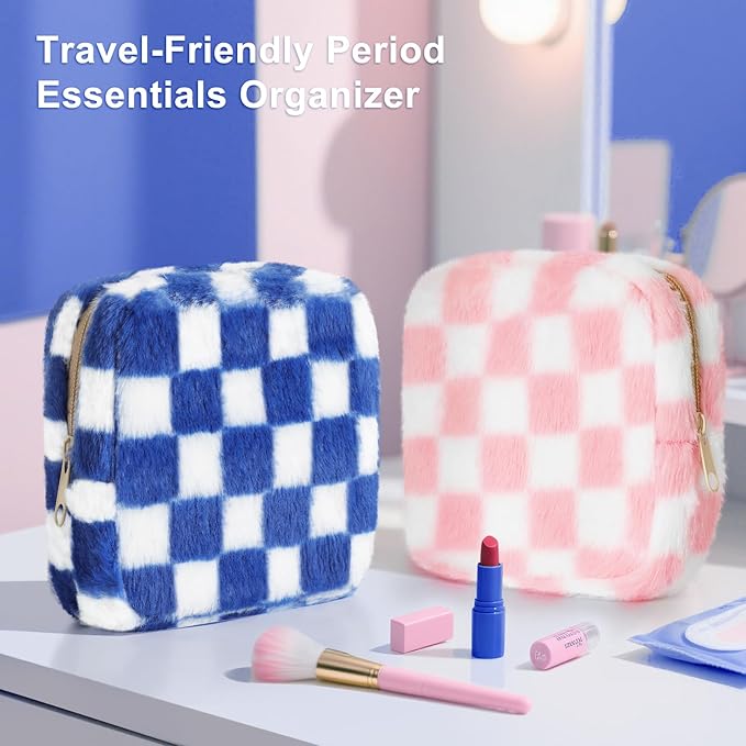 CekPo Sanitary Napkin Storage Bag, Zipper Period Bag, Checkered Portable Menstrual Pad Bag Panty Liners, Tampon Storage Pouch for Women Ladies Daily Use Storage Purse Travel