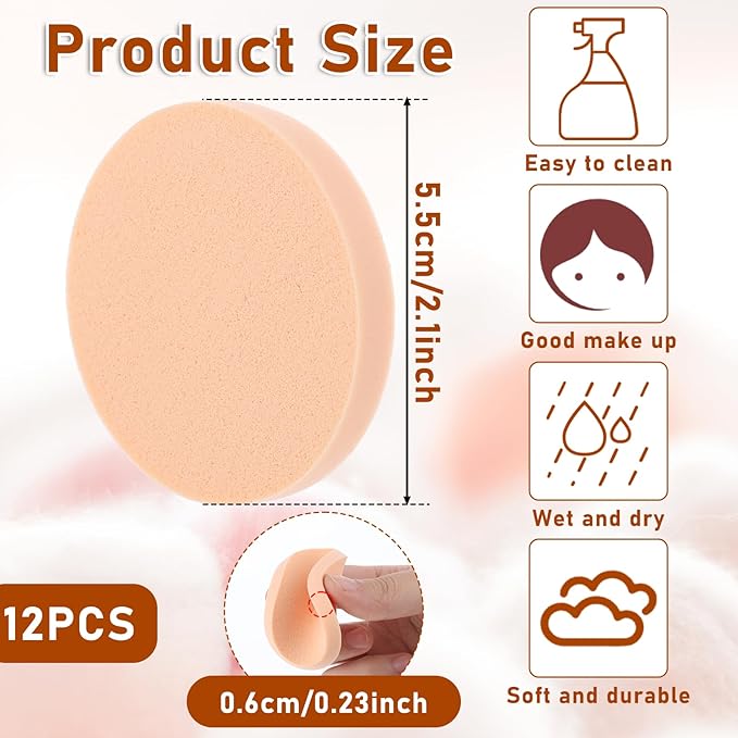 Jeffdad 12 Pcs Round Makeup Sponges, Facial Powder Puff Cosmetic Sponge Round Foam Pad Beauty Makeup Eye Foundation Powder Blender for All Skin Types Wet and Dry Dual Use(Skin Color)