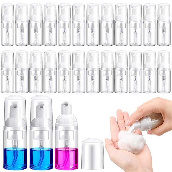 24 Pcs Foam Pump Bottles 1 Oz/ 30 ml Plastic Mini Empty Dispenser Travel Soap Foaming Bottles for Refillable Hand Sanitizer Lash Shampoo(Clear)