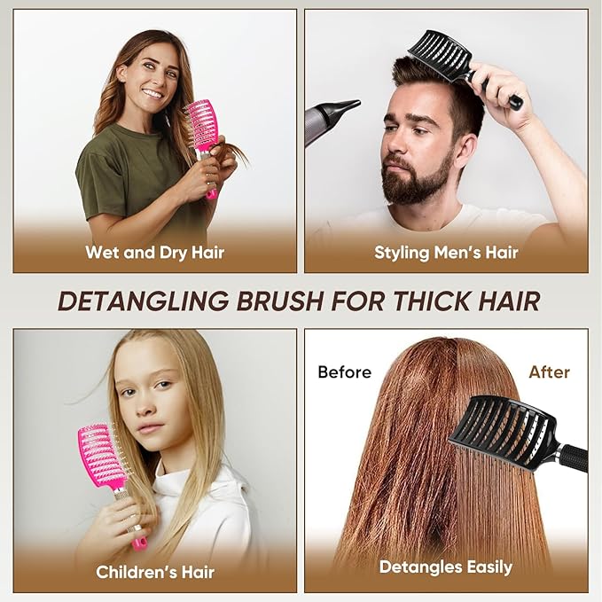 Kertiberif 2 Pack Curved Vented Detangling Brush for Wet & Dry Hair, Paddle Styling Brush for Faster Blow Drying, Detangler for Women, Men, Curly, Thick Hair