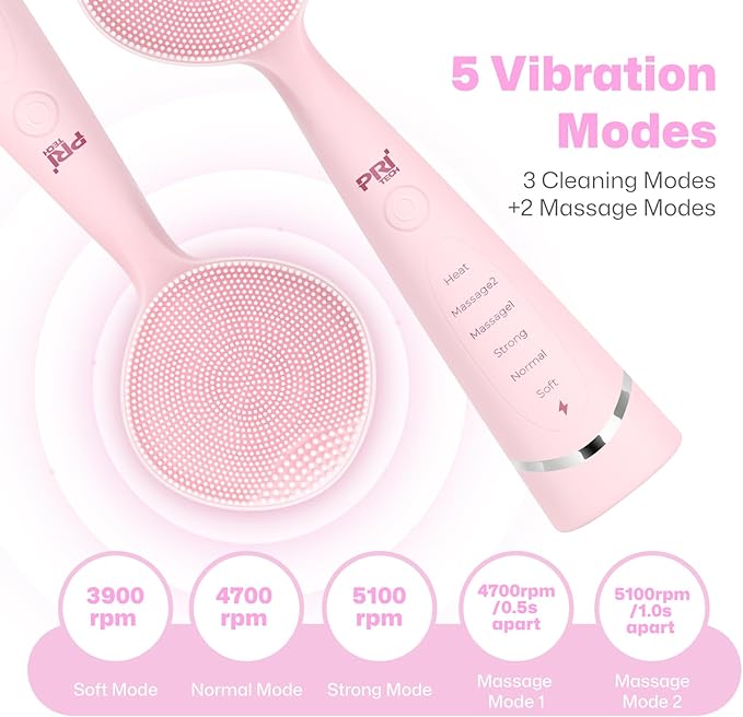 PRITECH Facial Cleansing Brush with Vibrating, Rechargeable Silicone Face Scrubber for Deep Pore Cleaning, Exfoliator & Waterproof Face Brush with Heat End for for Women and Men (Pink)