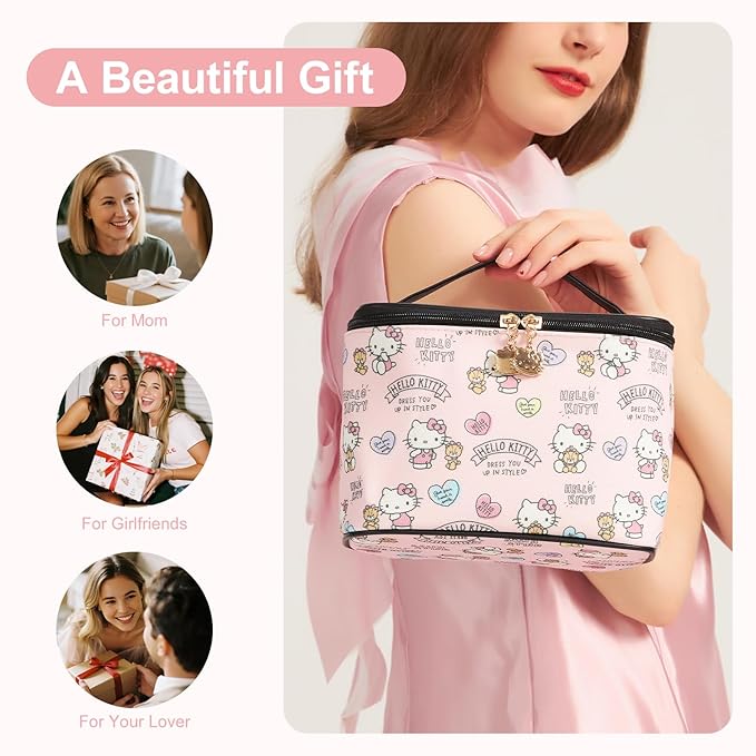 Vimanllie Cosmetic Bag Large Makeup Bag,Travel Toiletry Bags Organizer for Women,Pink Canvas Case with Brush Holder for Girls - Beauty Organizer for Home & Travel with Handle Cartoon Cute