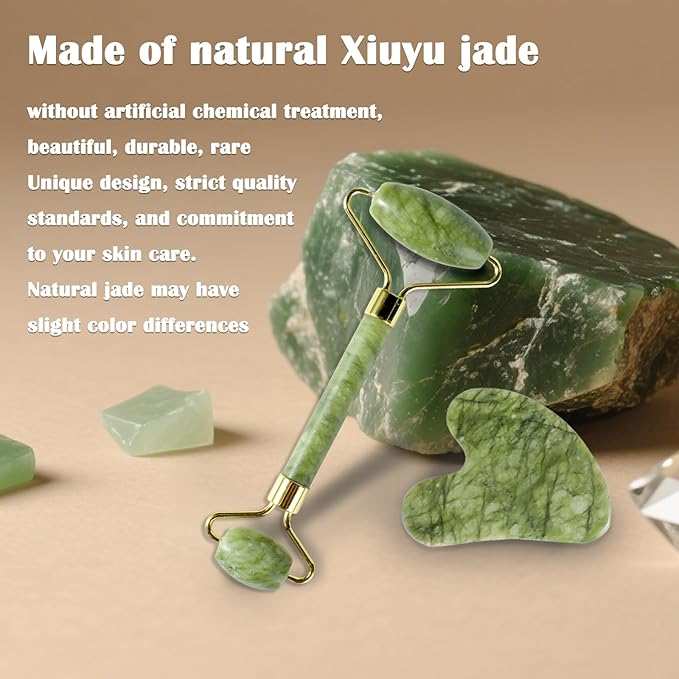 Jade Roller Gua Sha Tools - Nature Gua Sha Facial Tool Skin Tightening Face Massager Anti-Aging Jade Face Roller Puffiness Reducing Guasha Stone for Women Men（Green）