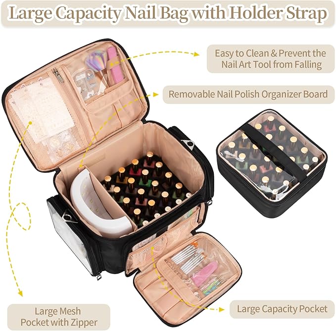 Bagmoly Nail Polish Organizer, Nail Polish Storage Holds 42+ Bottles & Nail Lamp, Portable Travel Nail Kit Storage Carrying Case Fits Nail Suppiles, Gift for Manicurist, Grils - Black