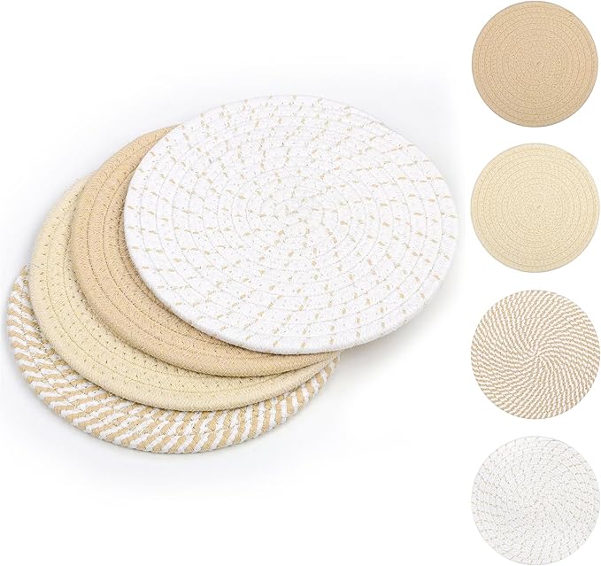 SHACOS 8 Inches Trivets for Hot Dishes, Pot Holders for Hot Pots and Pans, Handmade Cotton Woven Trivets Set, Heat-Resistant Hot Pads Plate Mats for Kitchen Countertops, Table Decor (Khaki, 4pcs)