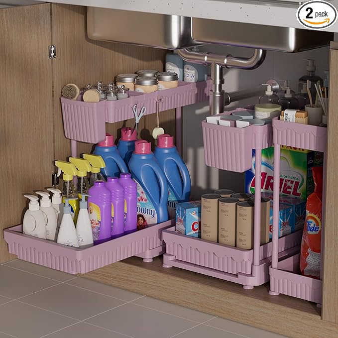 Sevenblue 3 Pack Multi-Purpose Pull-Out Storage Organizers, 2-Tier L-Shaped Under Sink/Cabinet Organizers and Storage for Bathroom & Kitchen,Pink,14.85 Inch