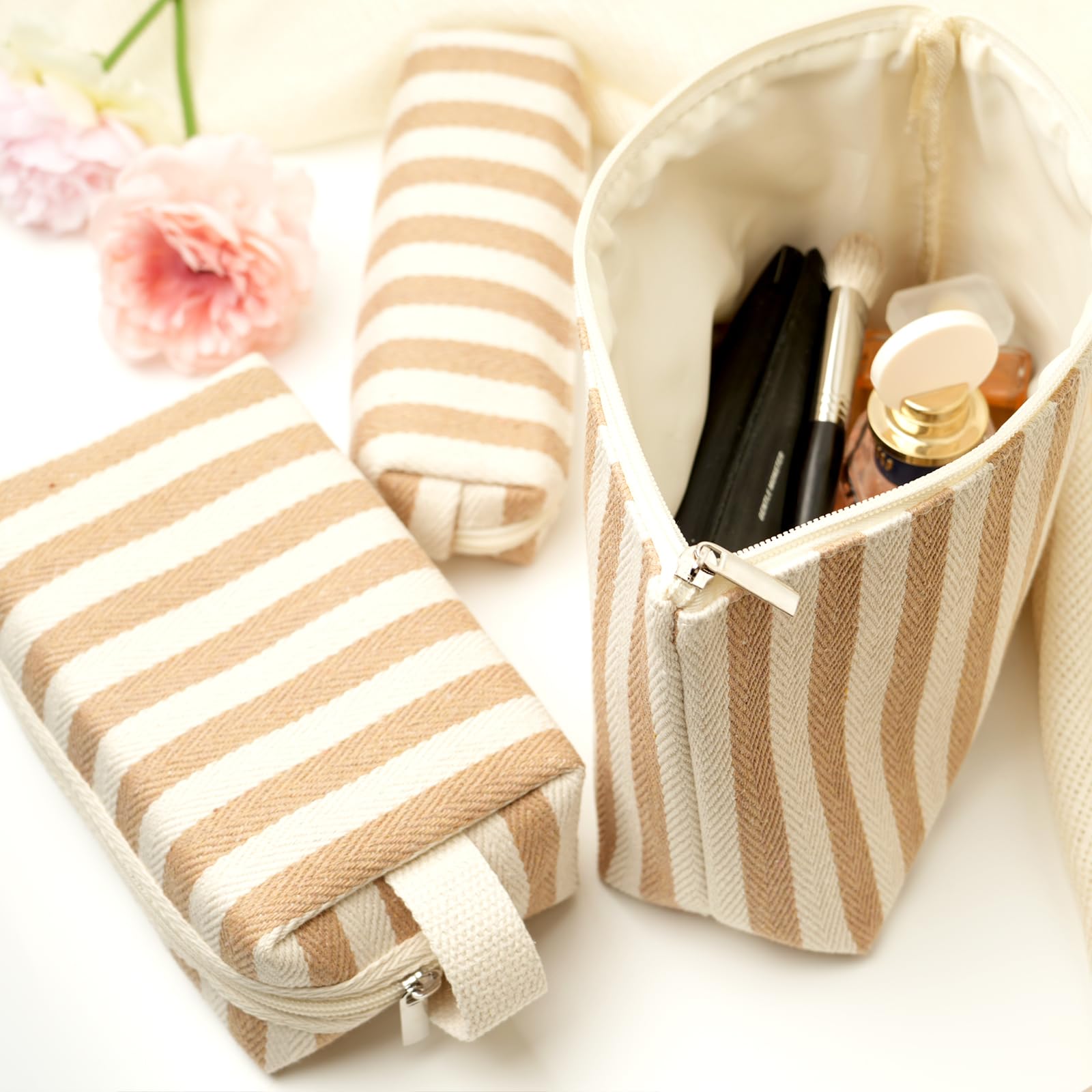 Beayuva 3 Pcs Makeup Bag Set Striped Canvas Purse Cosmetic Bag For Women Travel Toiletry Pouch Organizer pencil case (Khaki-White)