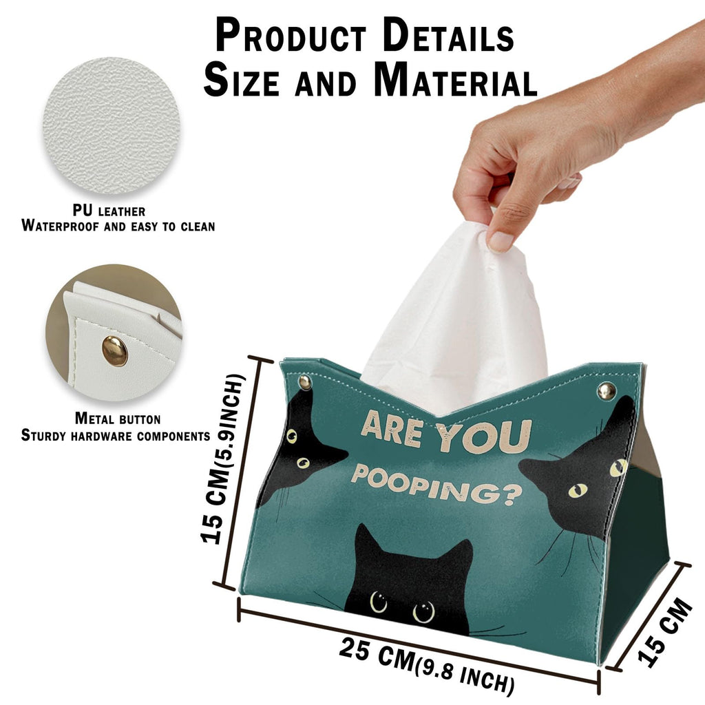 Funny Rectangle Tissue Box Cover for Bathroom, Cute Cat Tissue Box Holder, are You Pooping Funny Bathroom Decor, Vintage Green PU Facial Paper Case Cats Gifts for Cat Mom Women 9.8x5.9x5.9