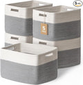 5 Pack Woven Storage Baskets for Shelves, Decorative Basket Closet Organizer Storage Bins for Clothes, Books, Pantry, Bathroom – Cotton Rope Shelf Baskets for Organizing and Decor, Gray & White