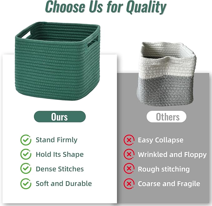3 Pack Cube Storage Bin, 9”x9”x7” Cotton Rope Woven Baskets for Organizing Toys Clothes Towels, Square Gift Storage Baskets for Shelf, Nursery, Closet, Bathroom, Pantry (Green)