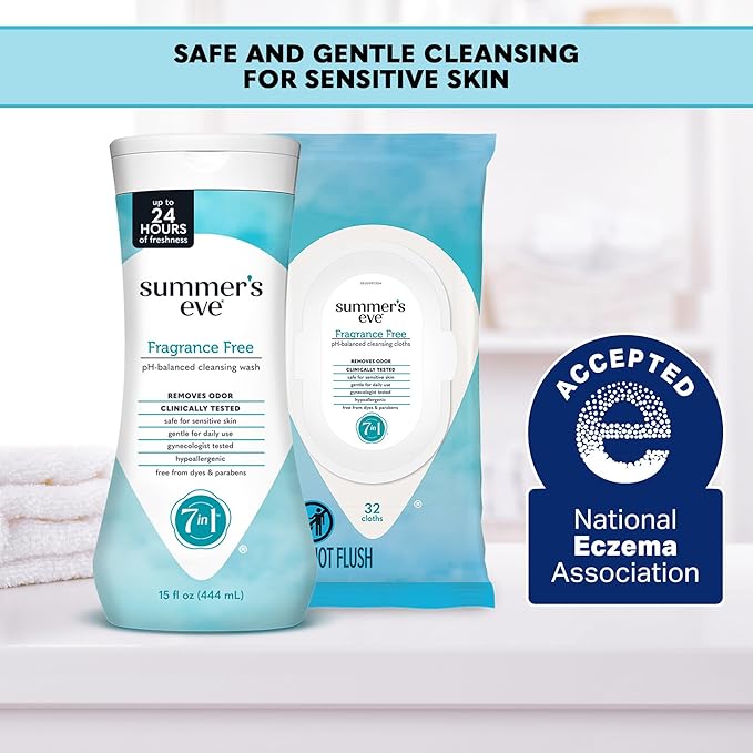 Summer's Eve Fragrance-Free Feminine Wipes, Gentle pH-Balanced Micellar Water Based Formula Helps Control Vaginal Odor, Resealable Pack, 32 Wipes