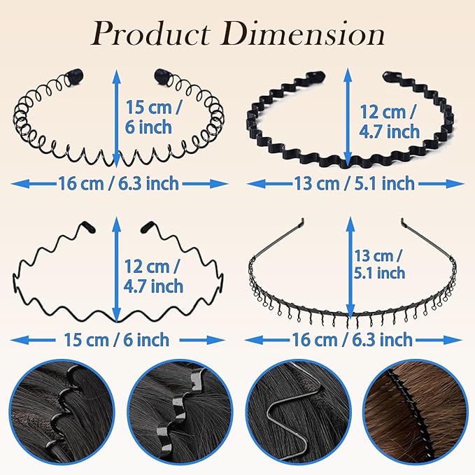 Metal Headbands for Men and Women - Wavy Adjustable Wire Hair Bands, Unisex Non-Slip Elastic Headband for Workout, Face Washing, Curly Hair & Daily Use (6 Pack)