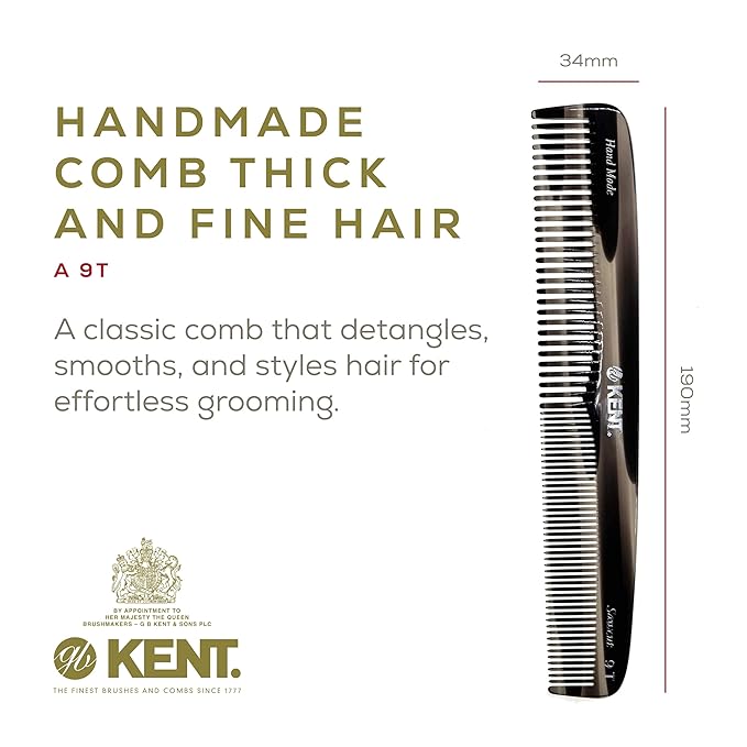 Kent 9T Graphite Fine and Wide Tooth Comb Detangler - Large Handmade and Saw-Cut Dressing Comb - Wet Hair Comb for Women and Durable Grooming Combs for Men Made in England