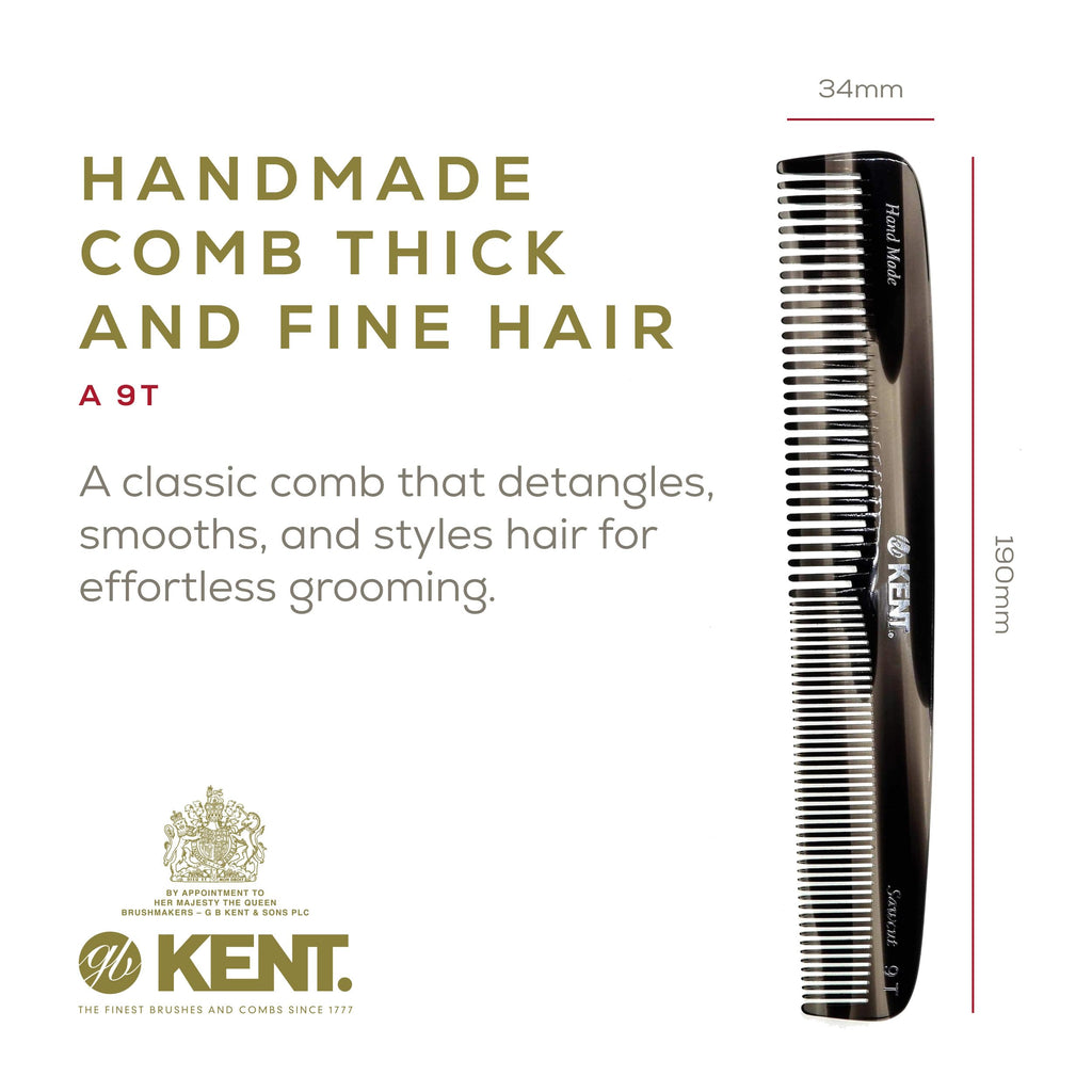 Kent 9T Black Graphite Fine Tooth and Wide Tooth Comb Detangler Hair Combs - Large Handmade and Saw-Cut Dressing Combs - Wet Hair Comb for Women and Durable Grooming for Men Made in England