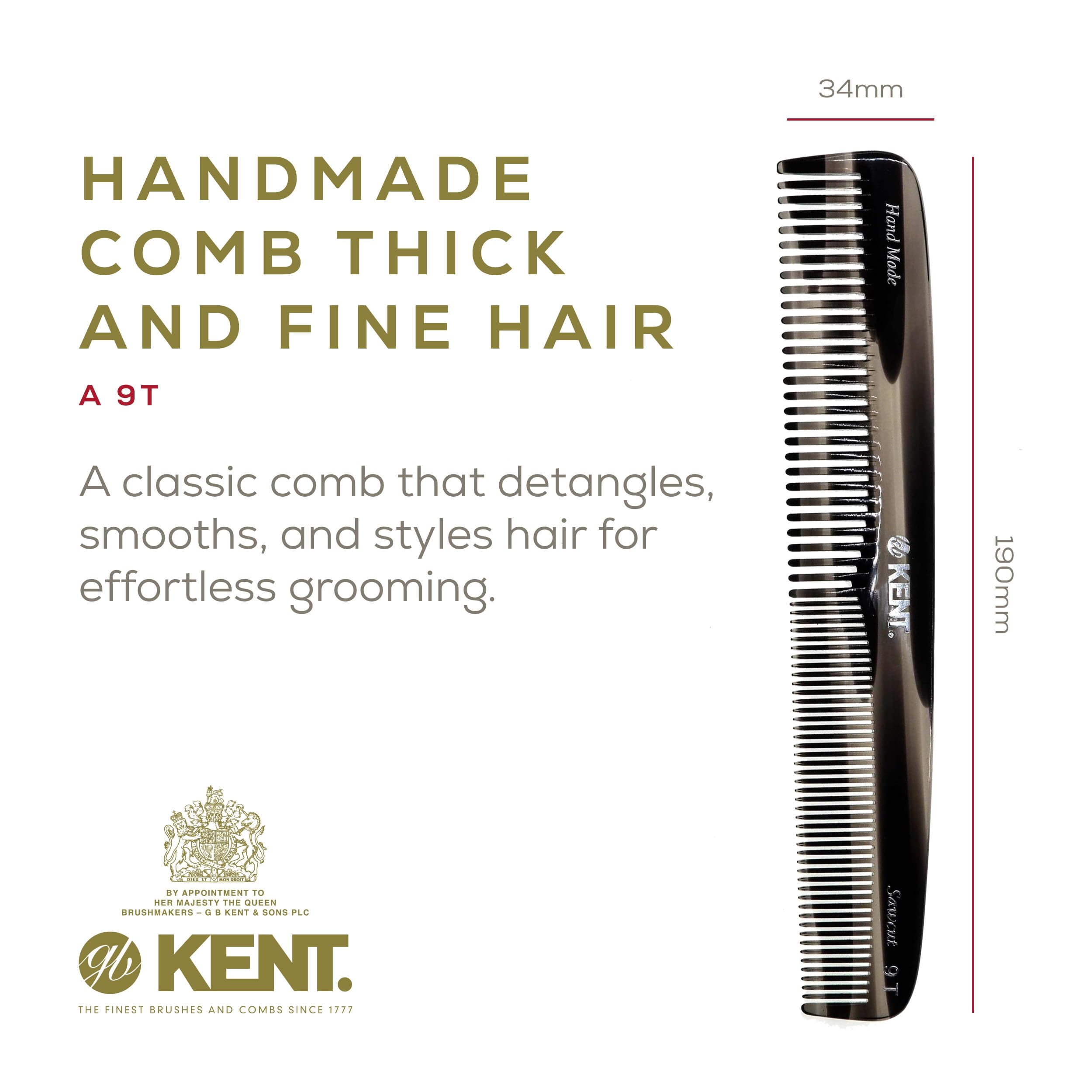 Kent 9T Black Graphite Fine Tooth and Wide Tooth Comb Detangler Hair Combs - Large Handmade and Saw-Cut Dressing Combs - Wet Hair Comb for Women and Durable Grooming for Men Made in England