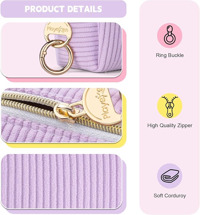 Playexen Mini Makeup Bag, Corduroy Small Cosmetic Bag for Purse, Blue