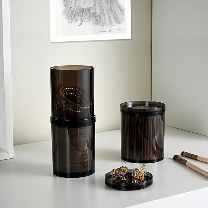 SheeChung 6-Pack Black Stackable Apothecary Jars - (10oz & 12oz) Mixed Sizes Qtip Holder - Modern Industrial Bathroom Accessories Decor with Storage Lids - Translucent Black