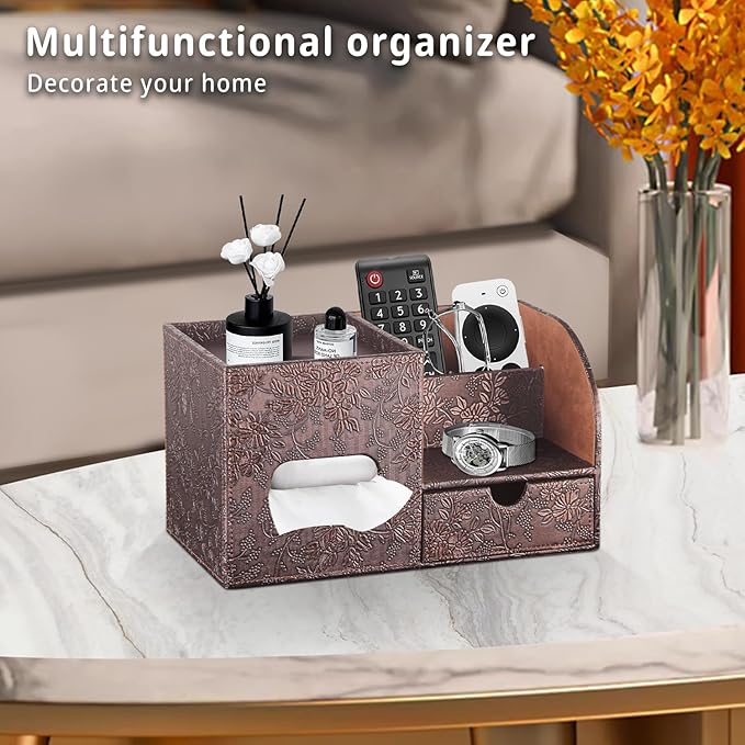 YAPISHI Tissue Box Cover with Storage Tray and Drawer, PU Leather Square Tissue Box Holder, Modern Cube Facial Tissue Dispenser, Makeup Holder, Remote Control Organizer for Nightstand, Bathroom Vanity