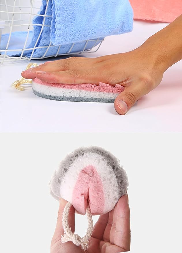 2pcs Three Layer exfoliating Bath Sponge with Hanging Rope and Rich Foam