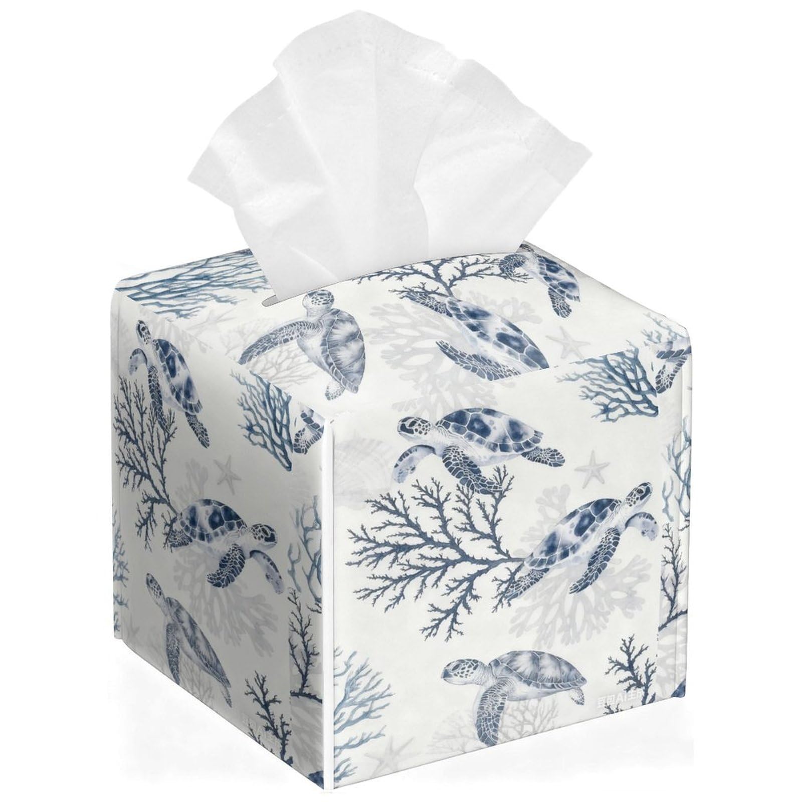Sea Turtle Tissue Box Cover Leather Tissue Box Holder Square Facial Paper Organizer Dispenser for Bathroom Kitchen Bedroom Vanity Countertop Night Stands
