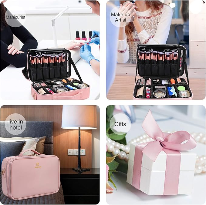 Relavel Makeup Bag Travel Makeup Train Case 13 inches Large Cosmetic Case Professional Portable Makeup Brush Holder Organizer and Storage with Adjustable Dividers and Shoulder Strap (Pink)