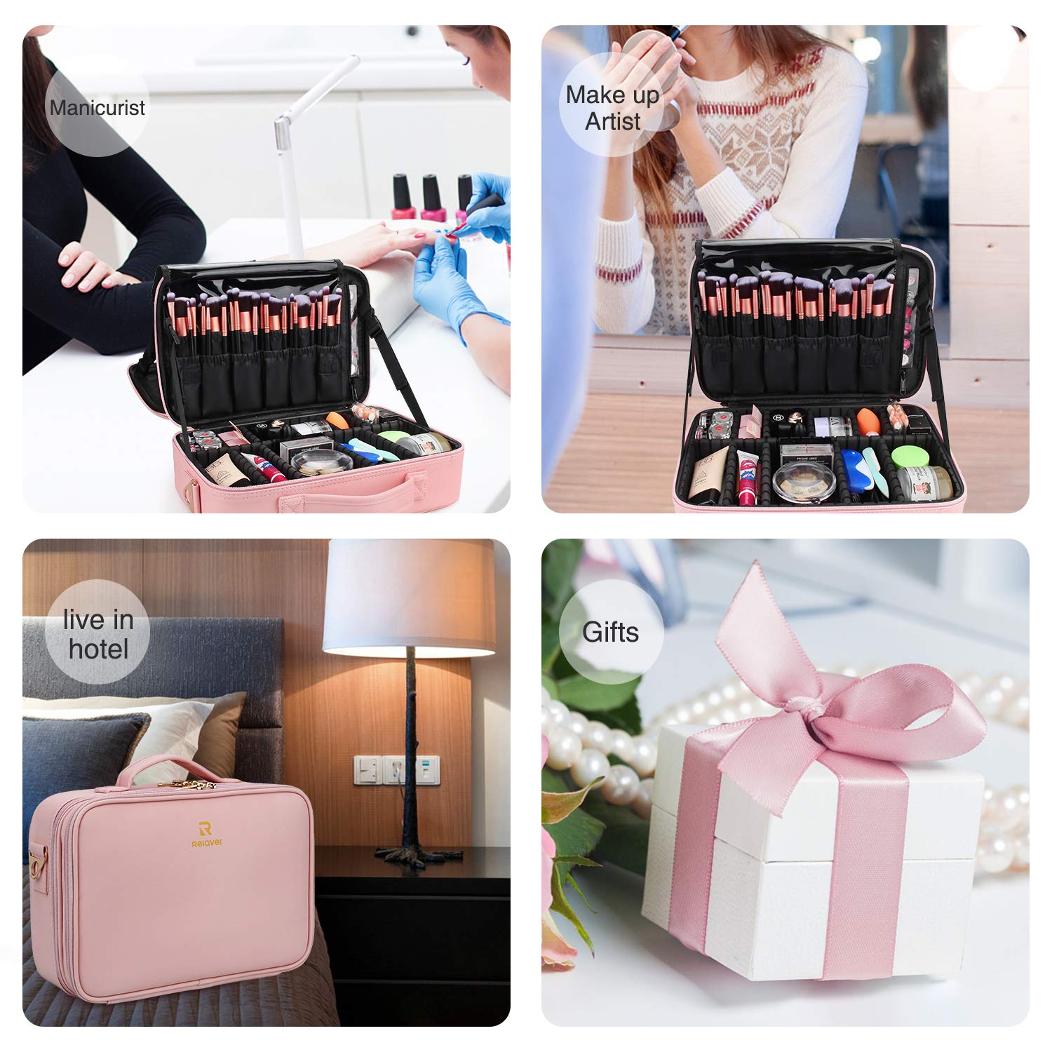 Relavel Makeup Bag Travel Makeup Train Case 13 inches Large Cosmetic Case Professional Portable Makeup Brush Holder Organizer and Storage with Adjustable Dividers and Shoulder Strap (Pink)