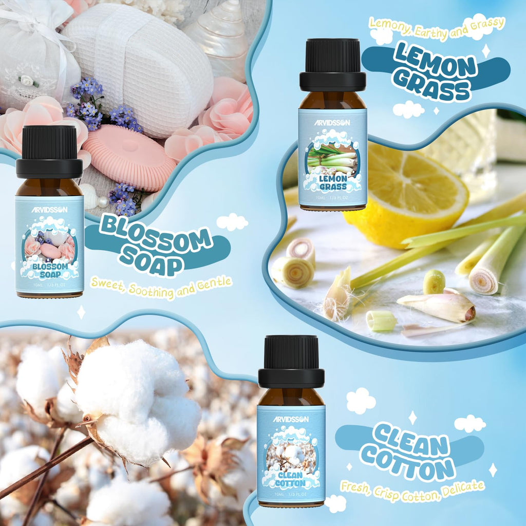 ARVIDSSON Clean Essential Oils Set, Natural Fragrance Oil for Diffuser, Soap Making - Fresh Linen, Clean Home, Fresh Cotton, Soft Powder, Blossom Soap, Lemongrass, Refreshing Scented Oils for Home