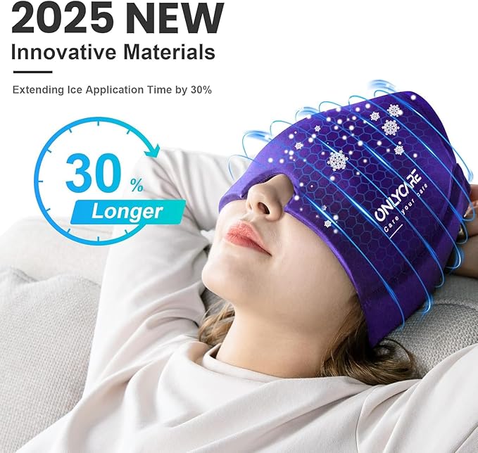 ONLYCARE Migraine Relief Cap, Soothing Headache Hat, Upgraded Odorless Gel Ice Head Wrap, Hot and Cold Therapy, Headache Ice Pack for Tension and Stress(Purple)