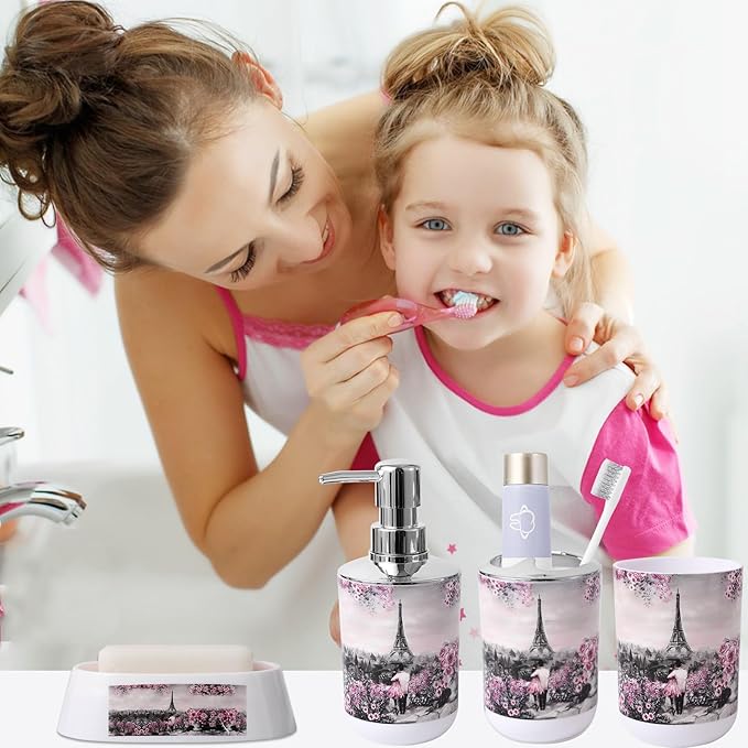 Bathroom Accessories Set Complete 9 Piece Bathroom Sets with Toothbrush Holder,Toothbrush Cup,Lotion Soap Dispenser,Soap Dish,Toilet Brush,Trash Can,Qtip Holder