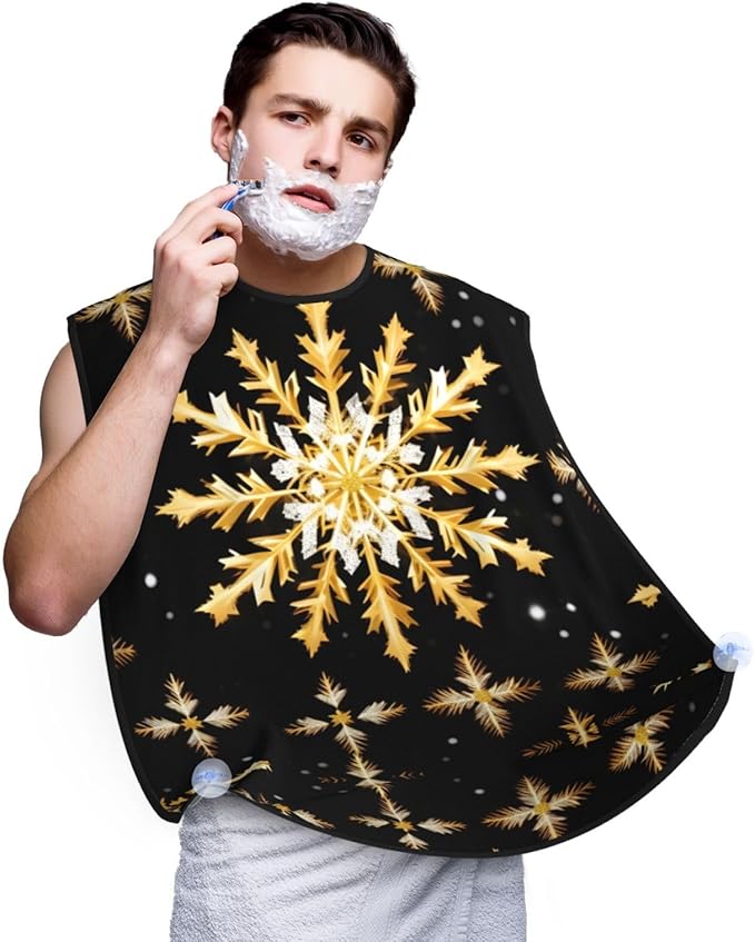 YQxwJL Golden Christmas Snowflake Print Beard Bib Shaving Apron, Beard Hair Trimming Cape Gift For Dad