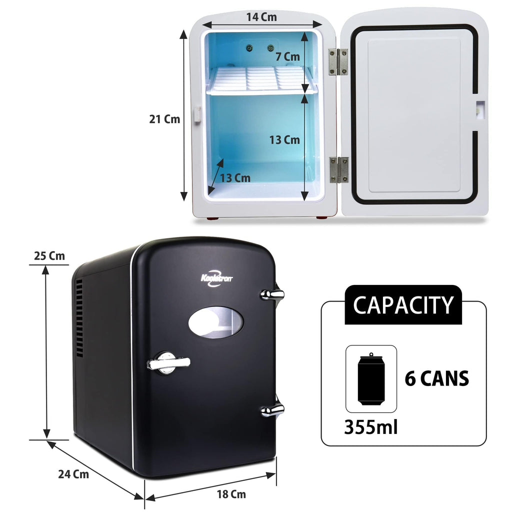 Koolatron Mini Fridge- Black Refrigerator 6 Can Portable Cooler for Bedroom Office Dorm Car Compact Fridge for Drinks Makeup Skincare Dual Power 12V 110V