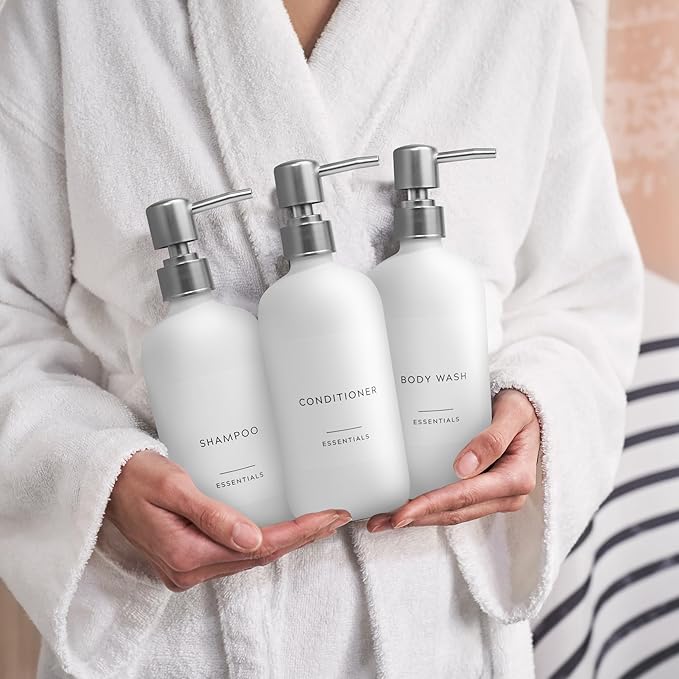 Stylish Shampoo and Conditioner Dispenser Set of 3 - Modern 21oz Shower Soap Bottles with Pump and Labels - Easy to Refill Body Wash Dispensers for an Instant Bathroom Decor Upgrade - White