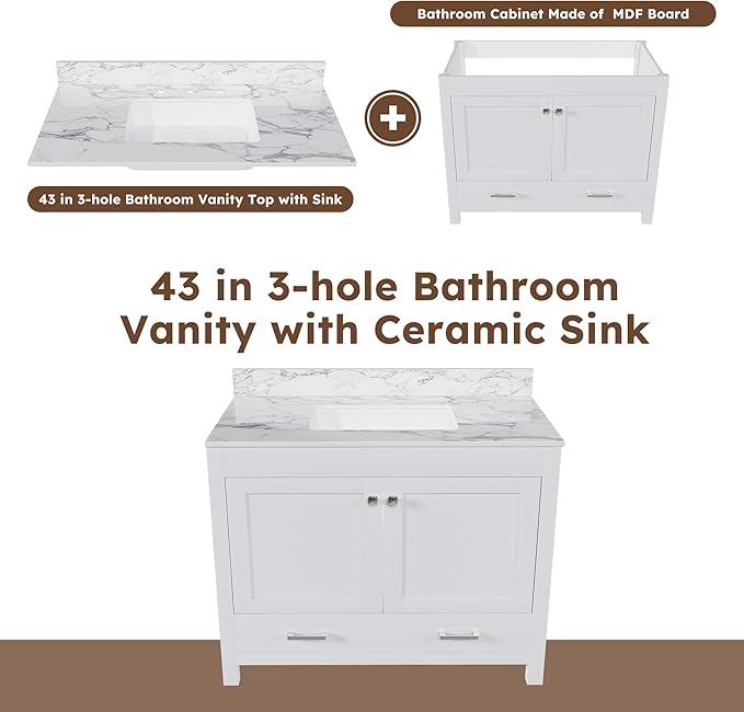 Montary 42" Bathroom Vanity with 43" Sintered Stone Carrara White Top, Modern Stylish MDF Bathroom Storage Cabinet, Vanity Set with 2 Doors and One Large Divided Drawer, White (Three Holes)
