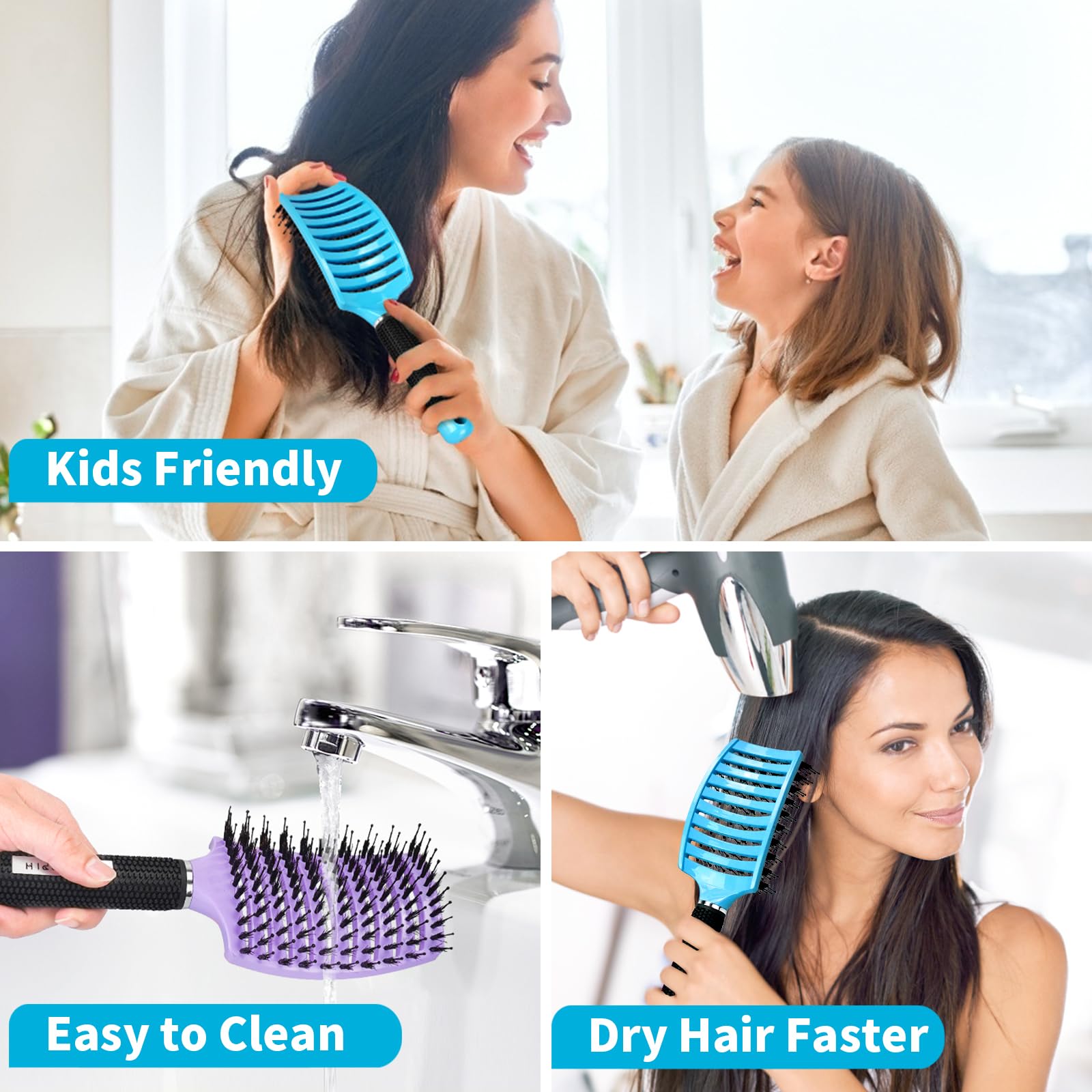 Boar Bristle Hair Brush Set of 2, HIPPIH Wet & Dry Hair Brushes Made by Fine Natural Boar Hair Can Adds Shine and Smoothing, Detangling Hairbrush for Women, Men & Kids' Long Curly Thick Hair
