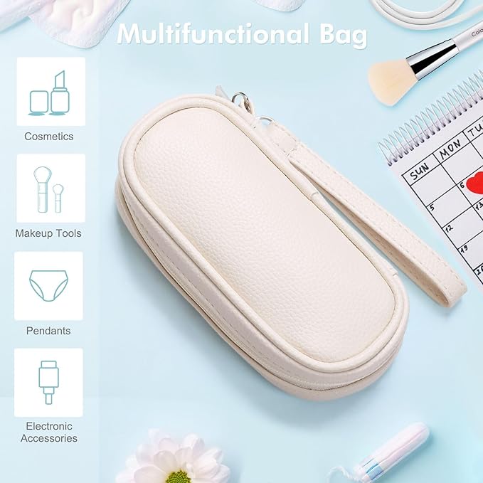 Teircno Portable Tampon Organizer Bag, Beige PU Pouch with Handle and Zipper for Women's Period Products