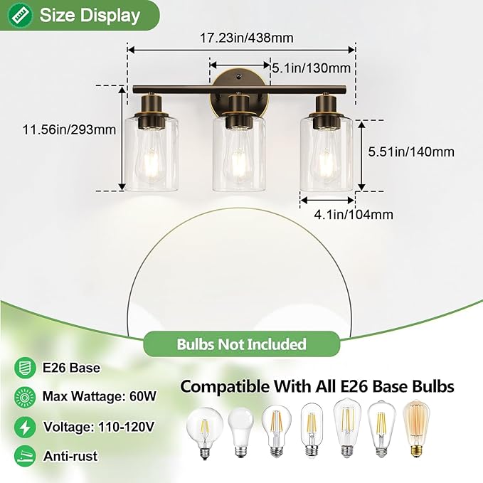 Zarbitta 3-Light Bathroom Light Fixtures, Brown and Gold Bathroom Wall Lights, Modern Vanity Light with Clear Glass Shade, Bathroom Wall Lamp for Mirror Hallway Cabinet