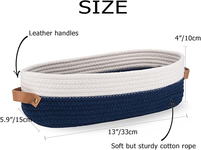 Oradrem Toilet Basket,Woven Storage Basket for Toilet Tank Top Farmhouse Home Decor Organizing Baskets 13"x5.9"x4" Navy Stitching White