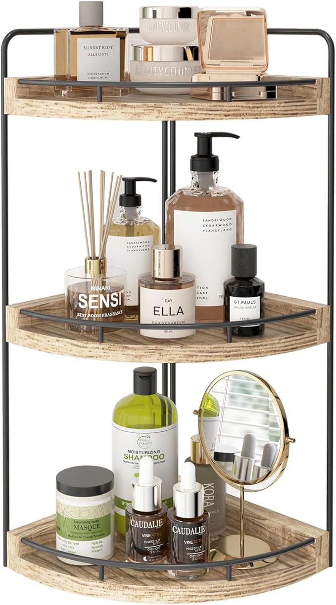 Fixwal 3 Tier Corner Bathroom Countertop Organizer Vanity Wood Shelf Black