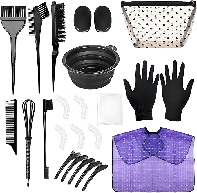 26 Pcs Hair Dye Kit - Hair Coloring Tools Set with Tinting Bowl, Agitator, Dye Brushes, Ear Covers, Hair Clips, Cape & More - For Salon Use & Home DIY Bleaching, Coloring