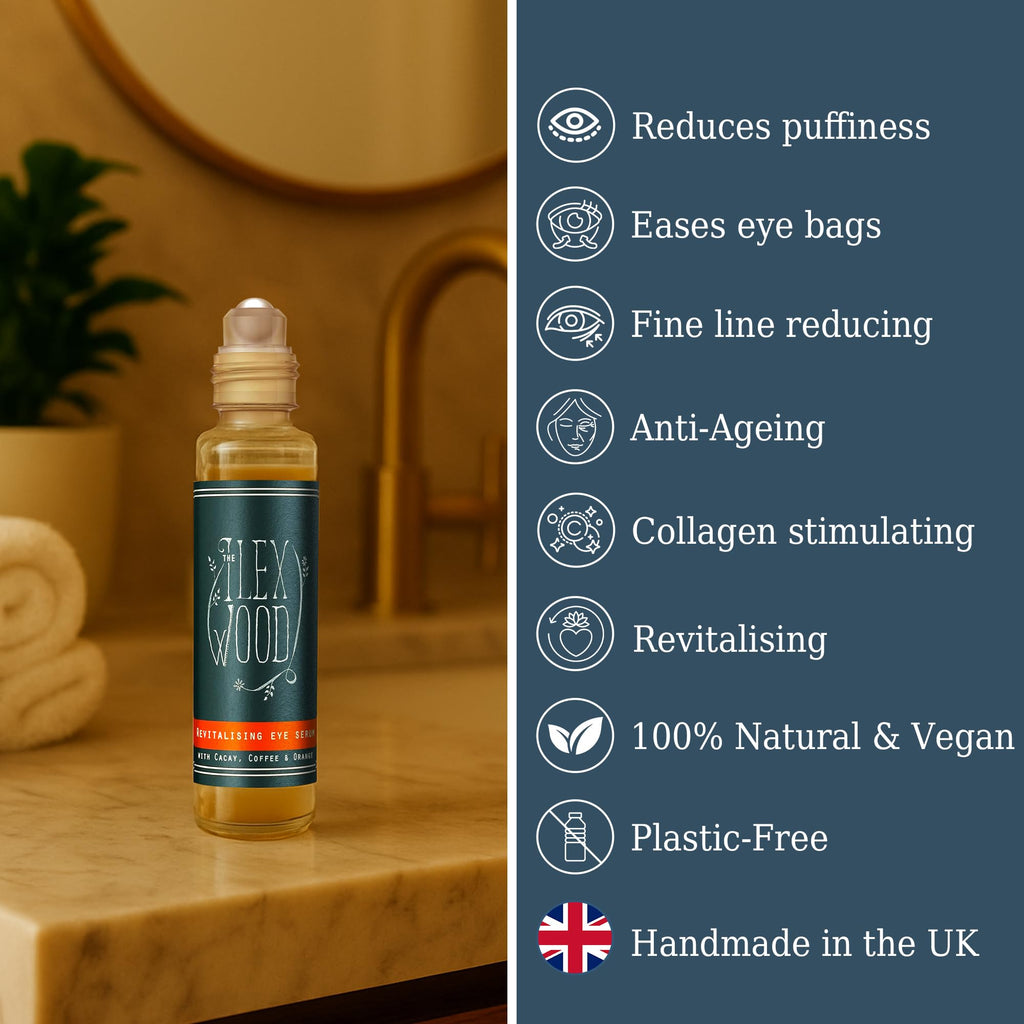 The Ilex Wood - Revitalising Eye Serum. An all-natural vegan anti-ageing serum with Cacay Oil, Green Coffee Arabica Oil, Frankincense, Eucalyptus, Thyme, Bergamot & Orange - 10ml (0.34 fl oz)