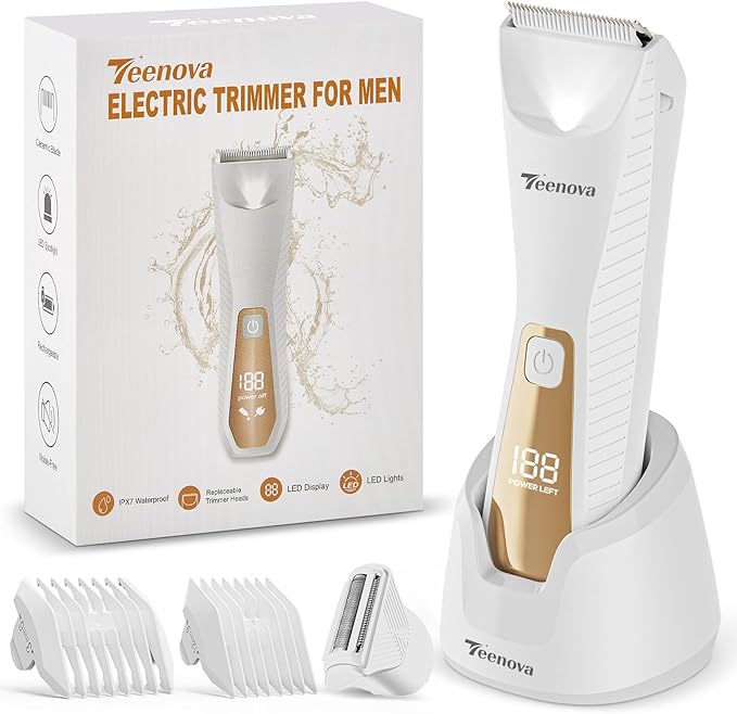 TEENOVA Pubic & Body Hair Trimmer for Men, 2 In 1 Electric Ball Groin Razor Shaver with Ceramic Blade, No Nick Mens Grooming Kits for Wet/Dry Use, Cordless Charging Body Groomer with Led Display,White