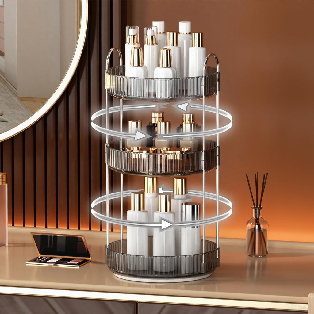 YCIA&DONE 360 Rotating Makeup Organizer and Storage for Vanity Countertop 3 Tiers, High Capacity Cosmetic Skincare Perfume Organizers for Dresser Bathroom Lazy Susan (Smoky Gray)