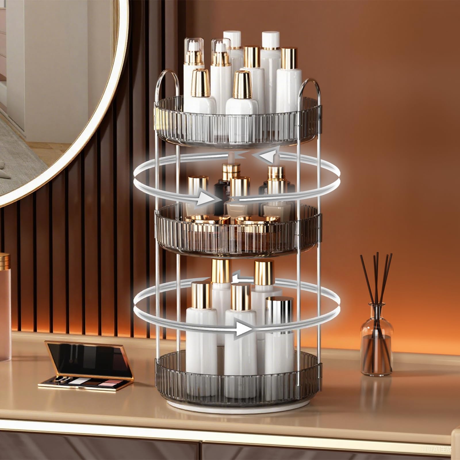 YCIA&DONE 360 Rotating Makeup Organizer and Storage for Vanity Countertop 3 Tiers, High Capacity Cosmetic Skincare Perfume Organizers for Dresser Bathroom Lazy Susan (Smoky Gray)
