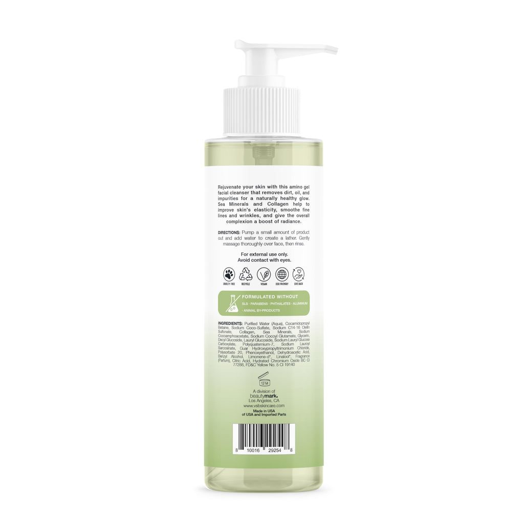 Amino Gel Facial Cleanser with Sea Minerals & Collagen – Radiance, Oil Control, and Elasticity – Vegan, Paraben-Free, 8 fl oz