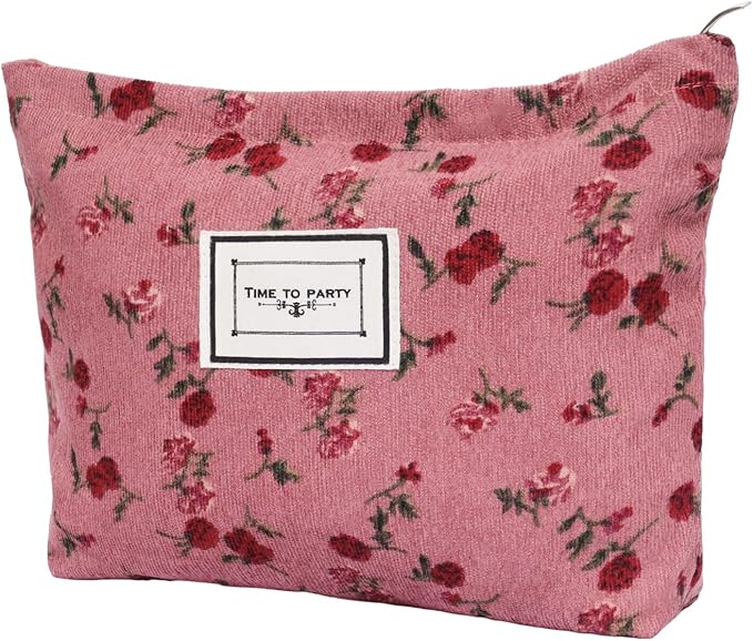 Dqwtb 1pcs Floral Makeup Bag for Women Travel Cosmetic Pouch Toiletry Organizer for Skincare Brushes and Daily Essentials 8.27x7.28x1.97 inch(Flower-1, Rose)