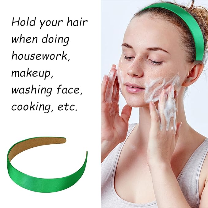 Wecoe 10 Pack Green Headbands 1 Inch Wide Satin Headbands Women Non Slip Fashion Plain Head Bands Solid Hair Bands DIY St. Patrick's Day Hair Accessories for Women Girls Diademas Para Mujer