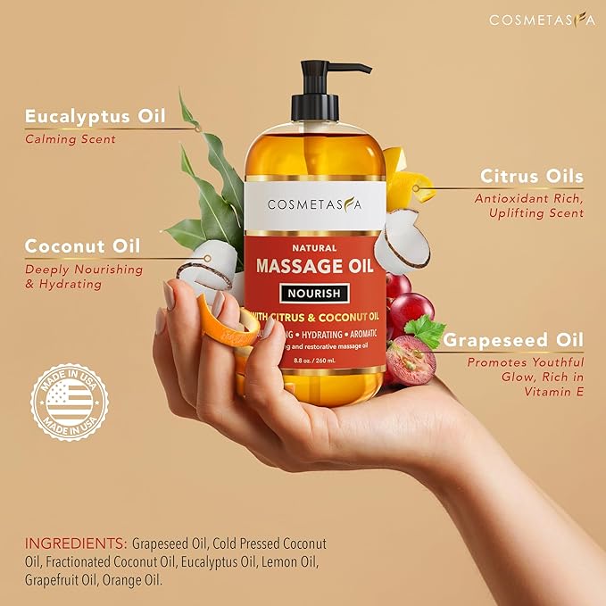 Natural Nourishing Massage Oil with Massage Roller Ball - Therapeutic Citrus & Coconut Massage Oils with Rejuvenating, Hydrating & Aromatic Essential Oils for Dry Skin, Soothes Muscle & Joints 8.8 oz