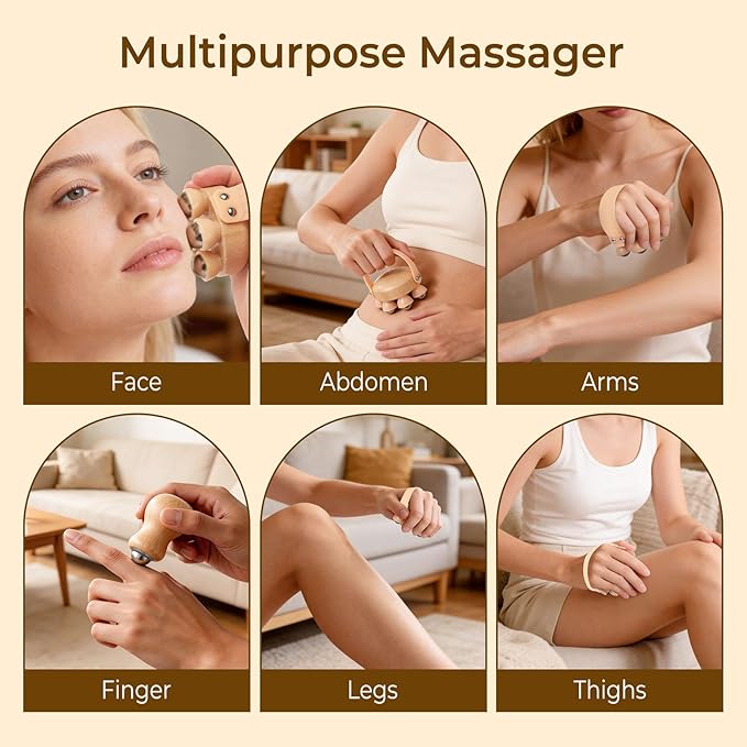 CJZMBSTY 2 Pack Wooden Handheld Lymphatic Massager with Multi Ball and Finger Ball Rollers, Featuring Smooth 304 Stainless Steel Balls for Body Contouring, Cellulite, Circulation and Muscle Relief