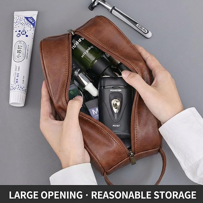 Men’s Toiletry Bag - Vintage PU Leather Kit for Travel - Water-Resistant Shaving Bag,Compact Pouch Gift for Husband, Dad (Khaki)